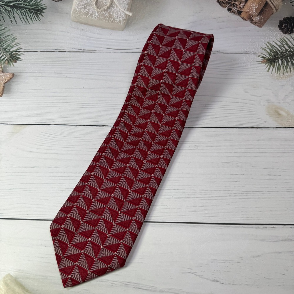 VTG Murano Silk Tie Mens Extra Long Red Geometric Woven Jacquard Luxury Tie
